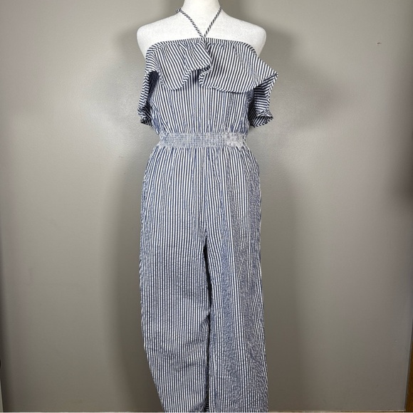 J.Crew Blue and White Striped Cotton Seersucker Ruffle Jumpsuit Size XXS - Picture 2 of 12